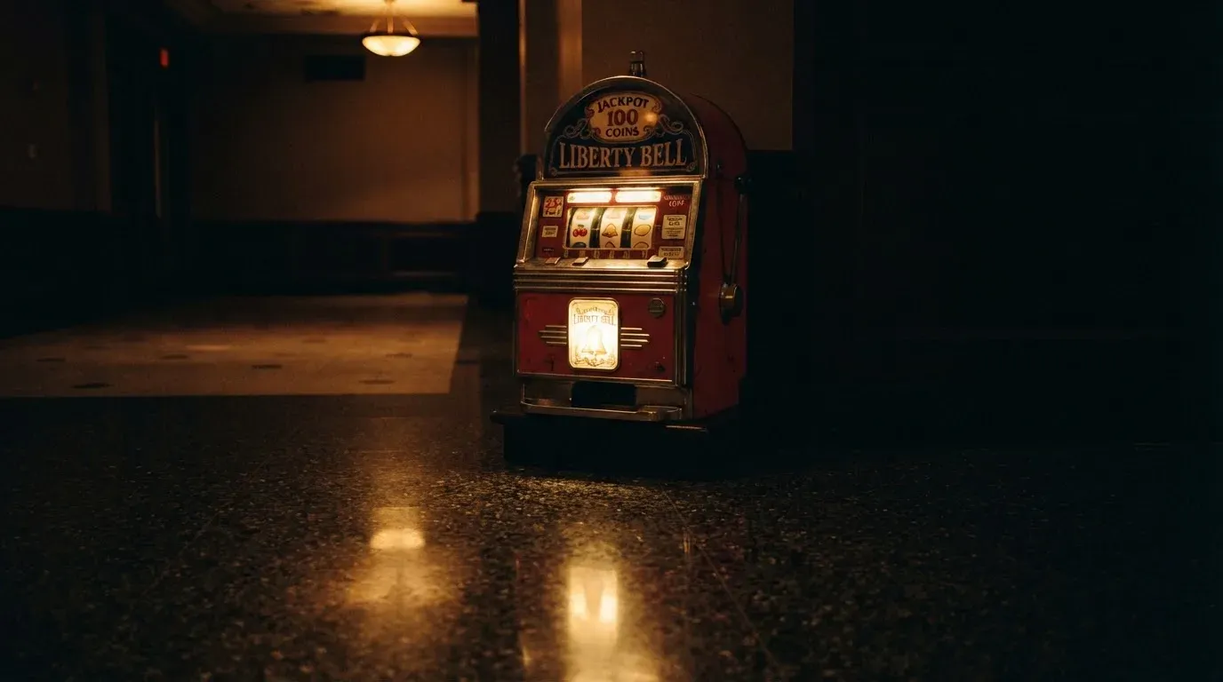 En gammal spelautomat lyser i den dunkla hallen och speglar sig i golvet — svenska casinon för storspelare