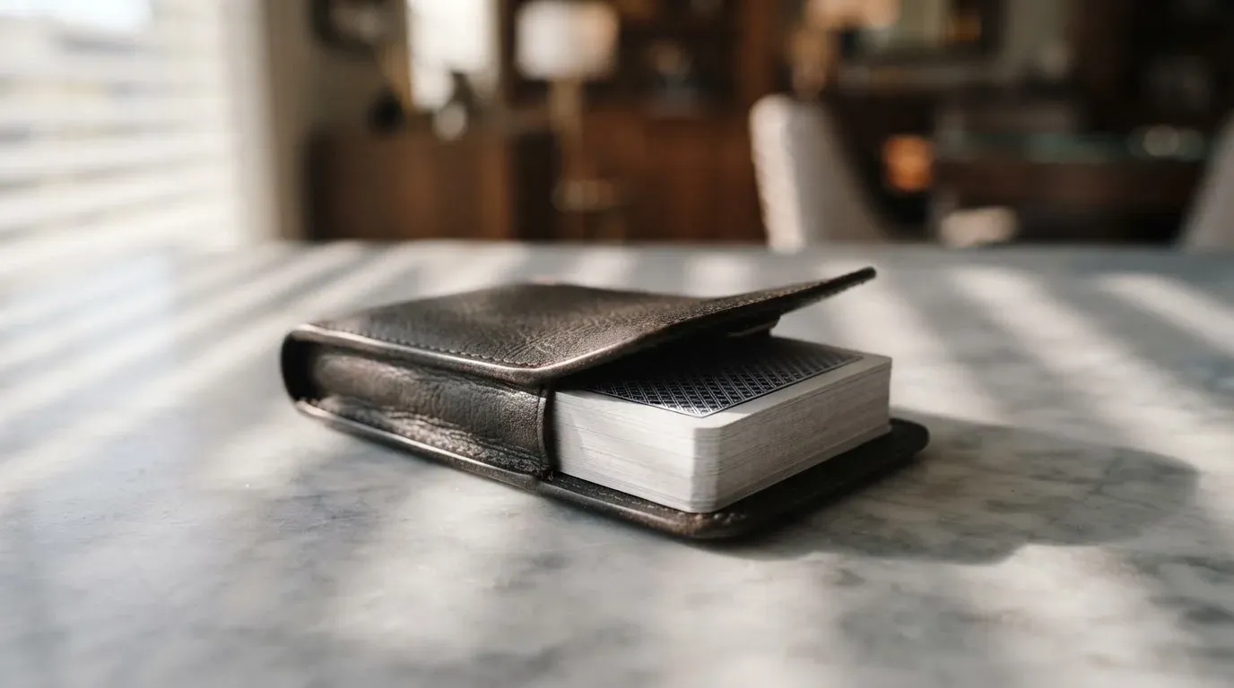 En kortlek i läderfodral vilar på ett marmorbord, morgonsolen strålar genom persienner — svenska casinon med apple pay