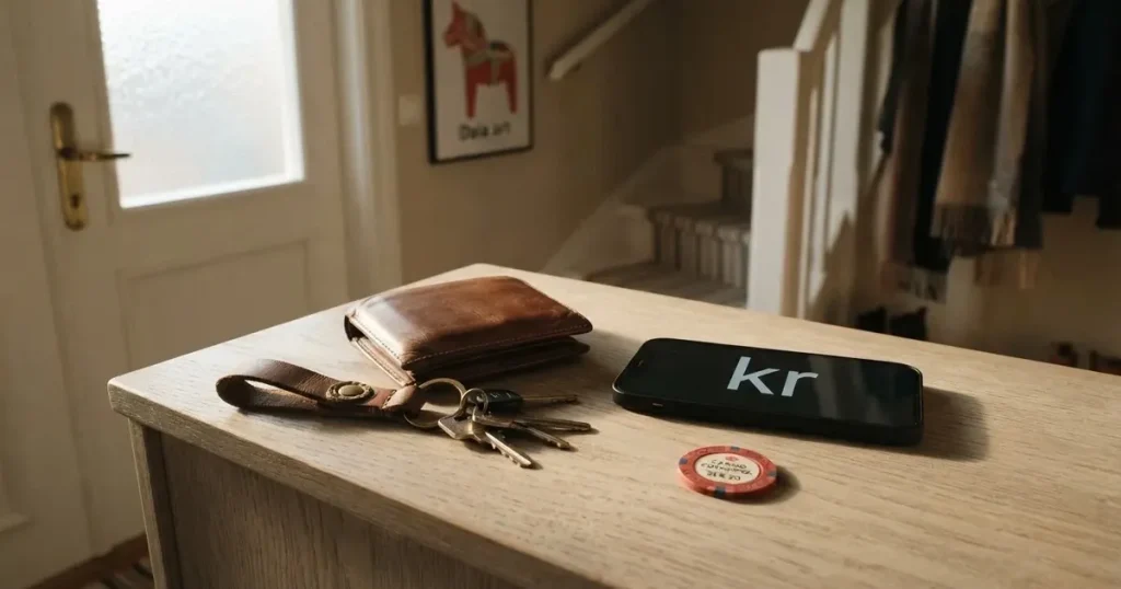 En läderplånbok och en nyckelknippa på en byrå, morgonljus genom dörrens glasruta — svenska casinon med apple pay