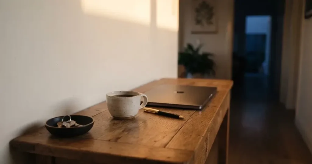 Kaffekopp och penna på ett smalt hallbord i skymning, en stängd bärbar dator vid sidan — svenska casinon med astropay