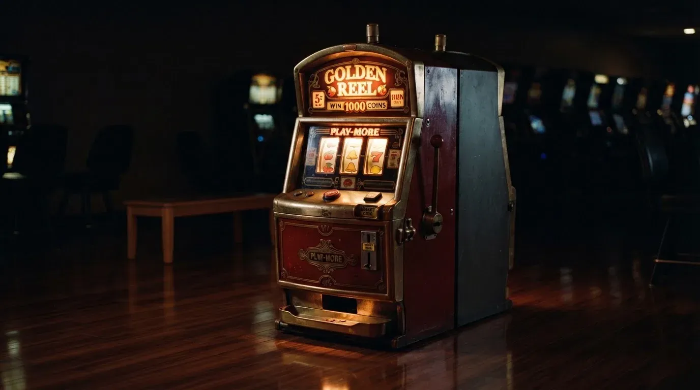 En gammal spelautomat lyser i den dunkla hallen och speglar sig i golvet — svenska casinon med banköverföring