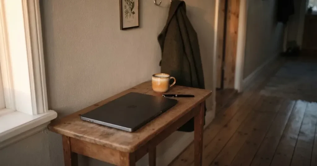 Kaffekopp och penna på ett smalt hallbord i skymning, en stängd bärbar dator vid sidan — svenska casinon med banköverföring