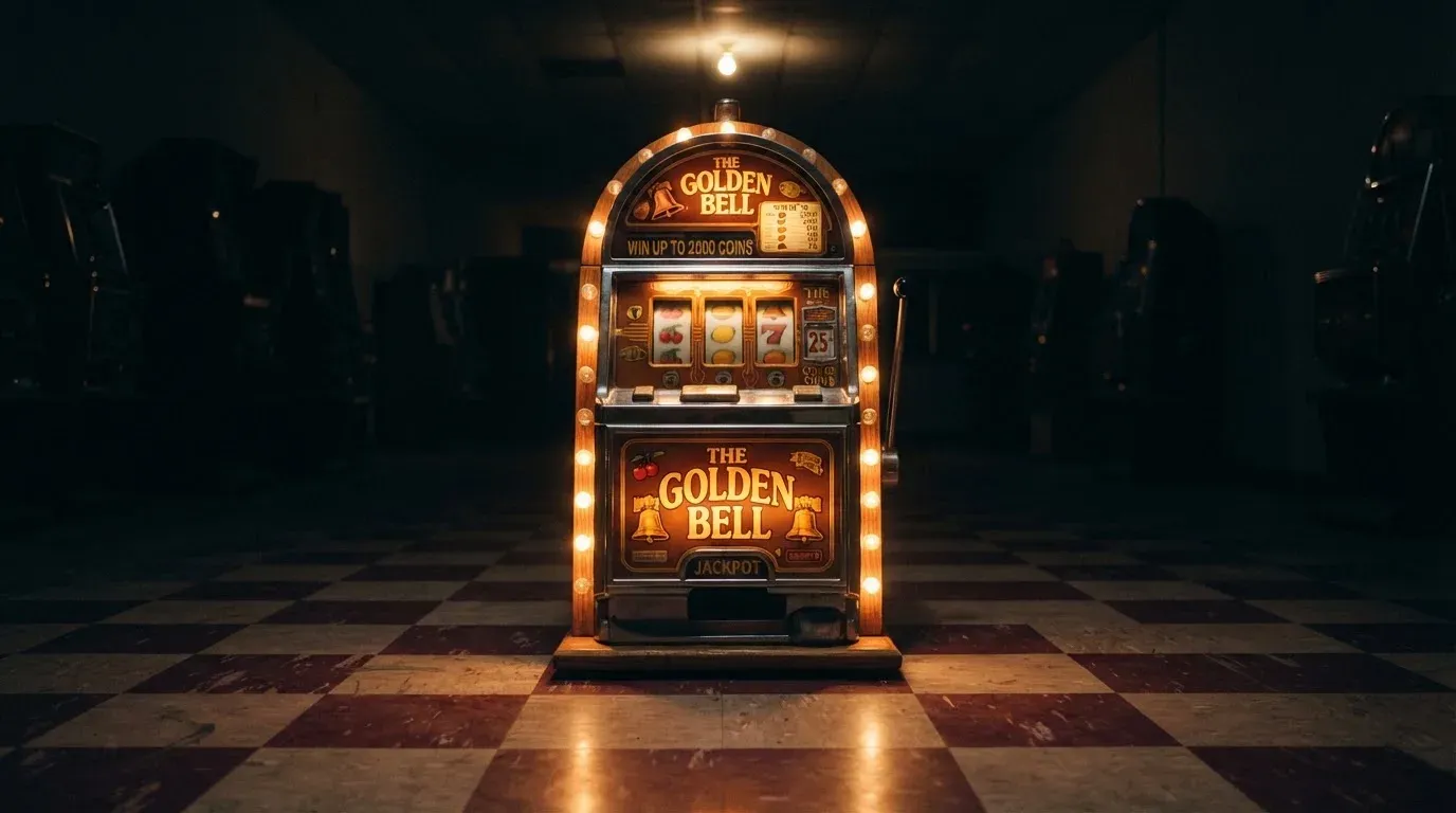 En gammal spelautomat lyser i den dunkla hallen och speglar sig i golvet — svenska casinon med bitcoin