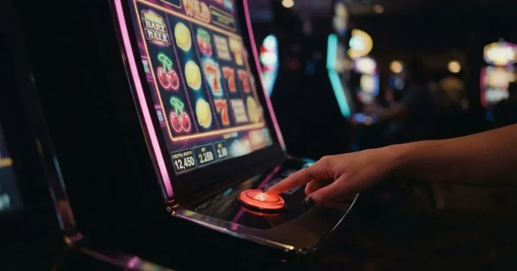 Ett finger trycker på spelautomatens klarröda knapp i dunklet, neonljus lyser runt omkring — svenska casinon med bonus