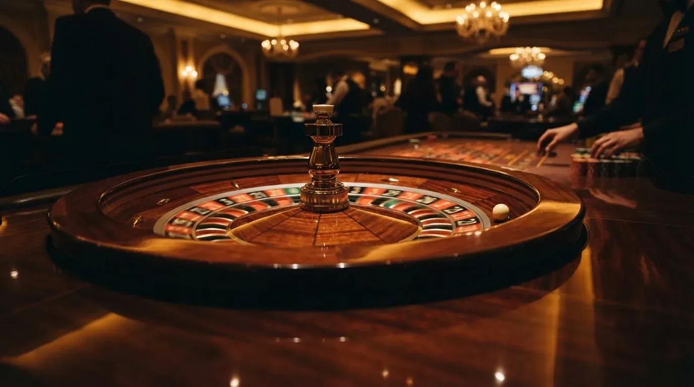 Ett roulettehjul snurrar på ett blankt träbord, den vita kulan glimmar i takljusets guld — svenska casinon med brite