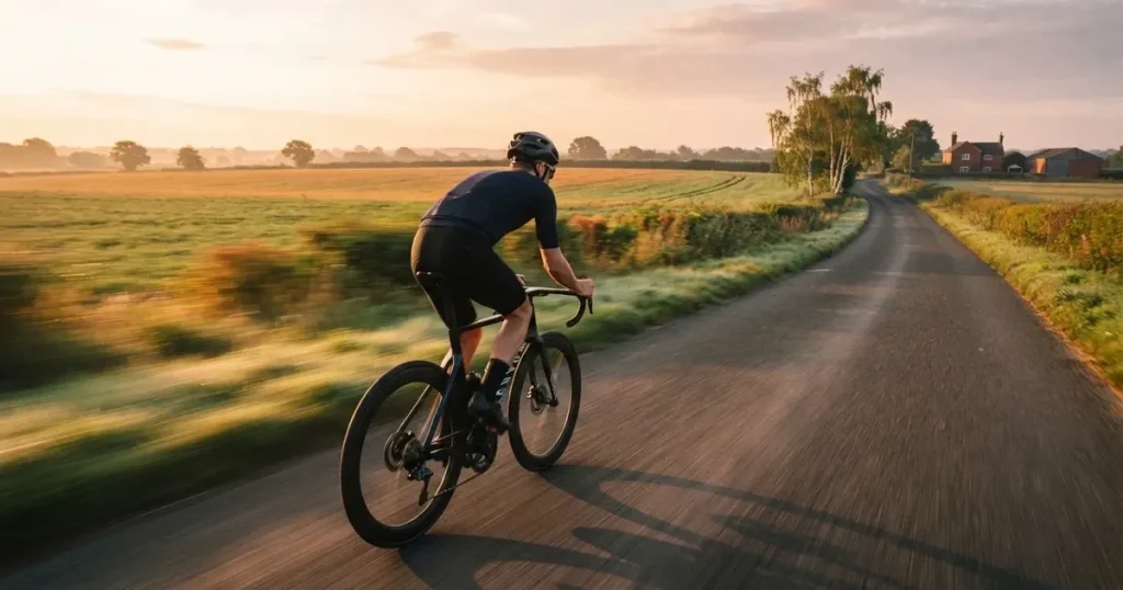 En cyklist susar längs en landsväg vid soluppgång, farten gör åkrarna suddiga i bakgrunden — svenska casinon med brite