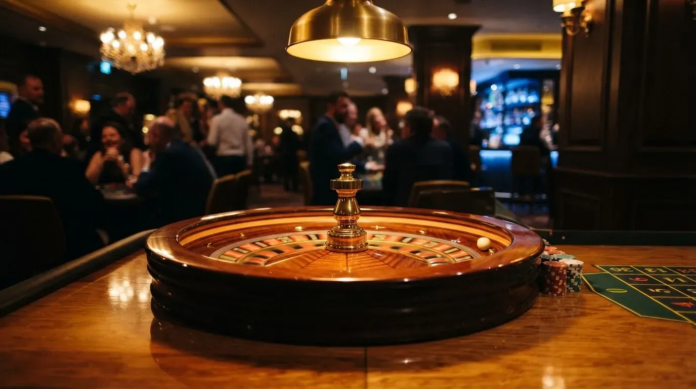 Ett roulettehjul snurrar på ett blankt träbord, den vita kulan glimmar i takljusets guld — svenska casinon med dogecoin
