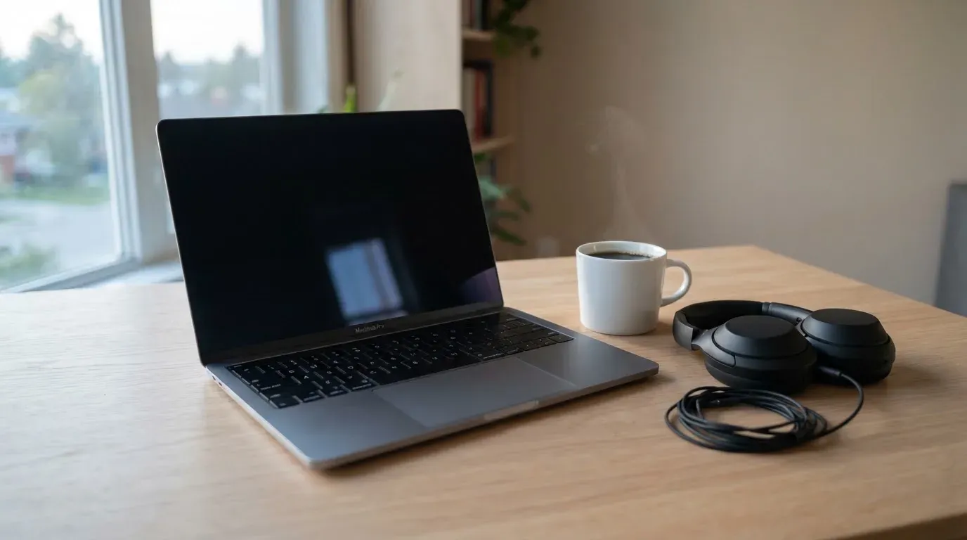 En bärbar dator med nedsläckt skärm står öppen på ett skrivbord tillsammans med en kopp kaffe och ett par hörlurar i morgonljus.