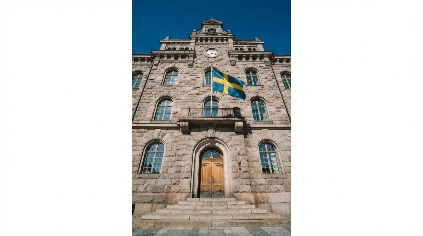 Ett gammalt stadshus i sten fotograferat underifrån mot en klarblå himmel, med den svenska flaggan som fladdrar ovanför entrén.