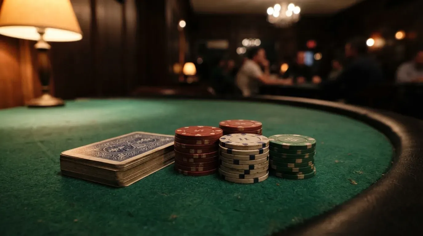 Kortlek och staplar av spelmarker på ett grönt filtbord i en dunkel salong, varmt lampsken — svenska casinon med faktura