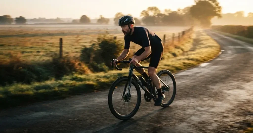 En cyklist susar längs en landsväg vid soluppgång, farten gör åkrarna suddiga i bakgrunden — svenska casinon med faktura