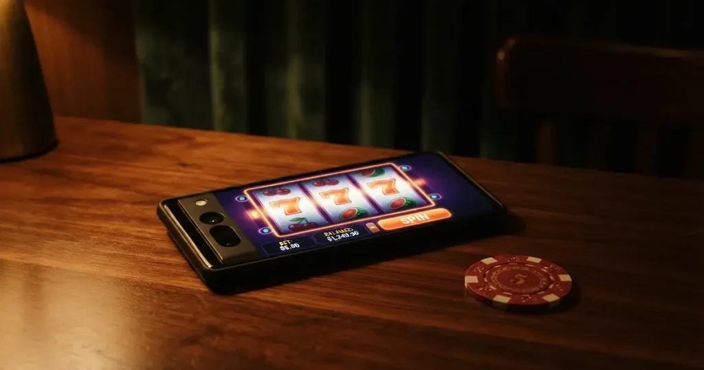 En hand håller upp en smartphone med skärmen vänd nedåt bredvid glittrande konfetti och guldmynt på ett mörkt bord.