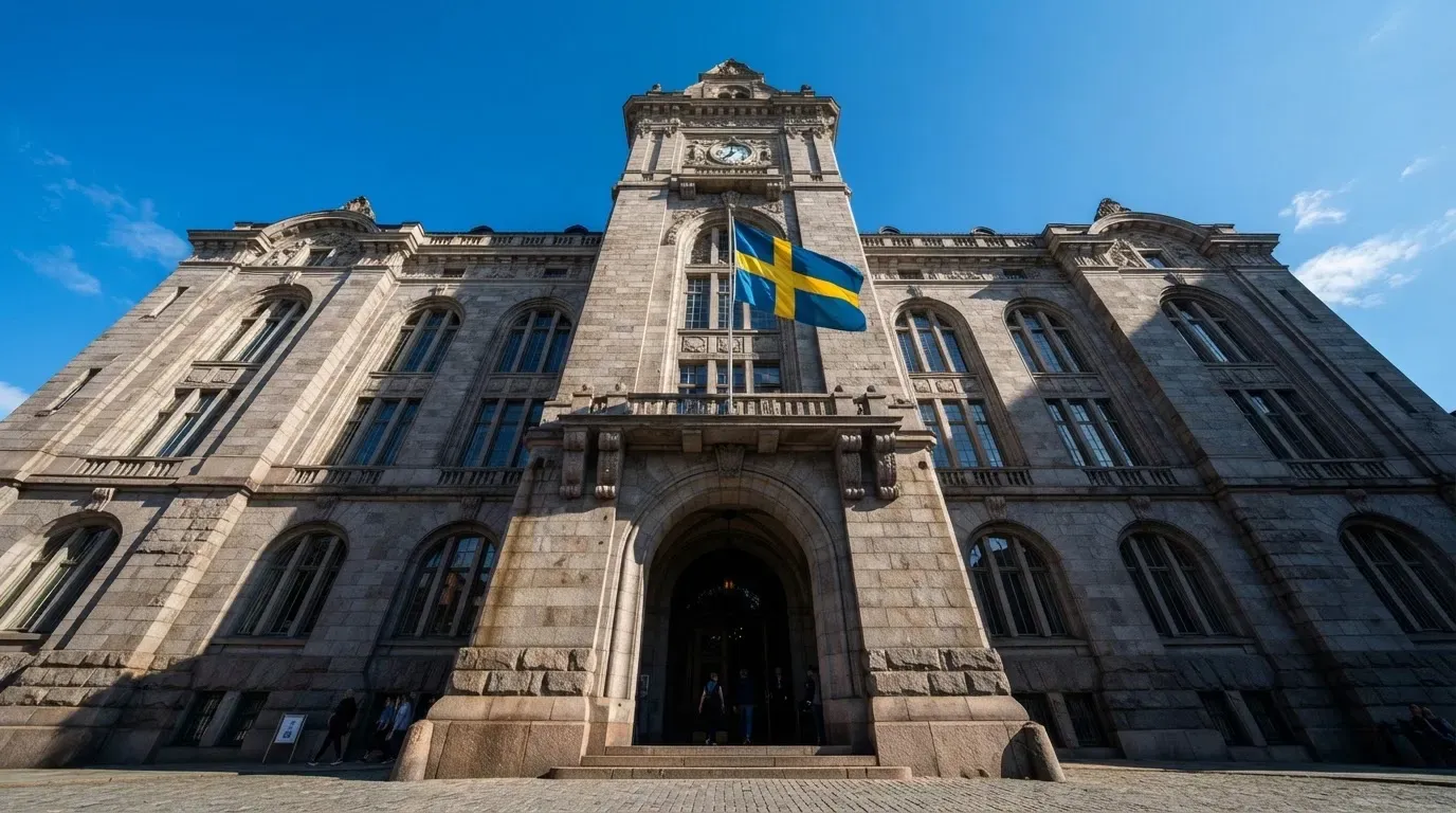 Ett gammalt stadshus i sten fotograferat underifrån mot en klarblå himmel, med den svenska flaggan som fladdrar ovanför entrén.