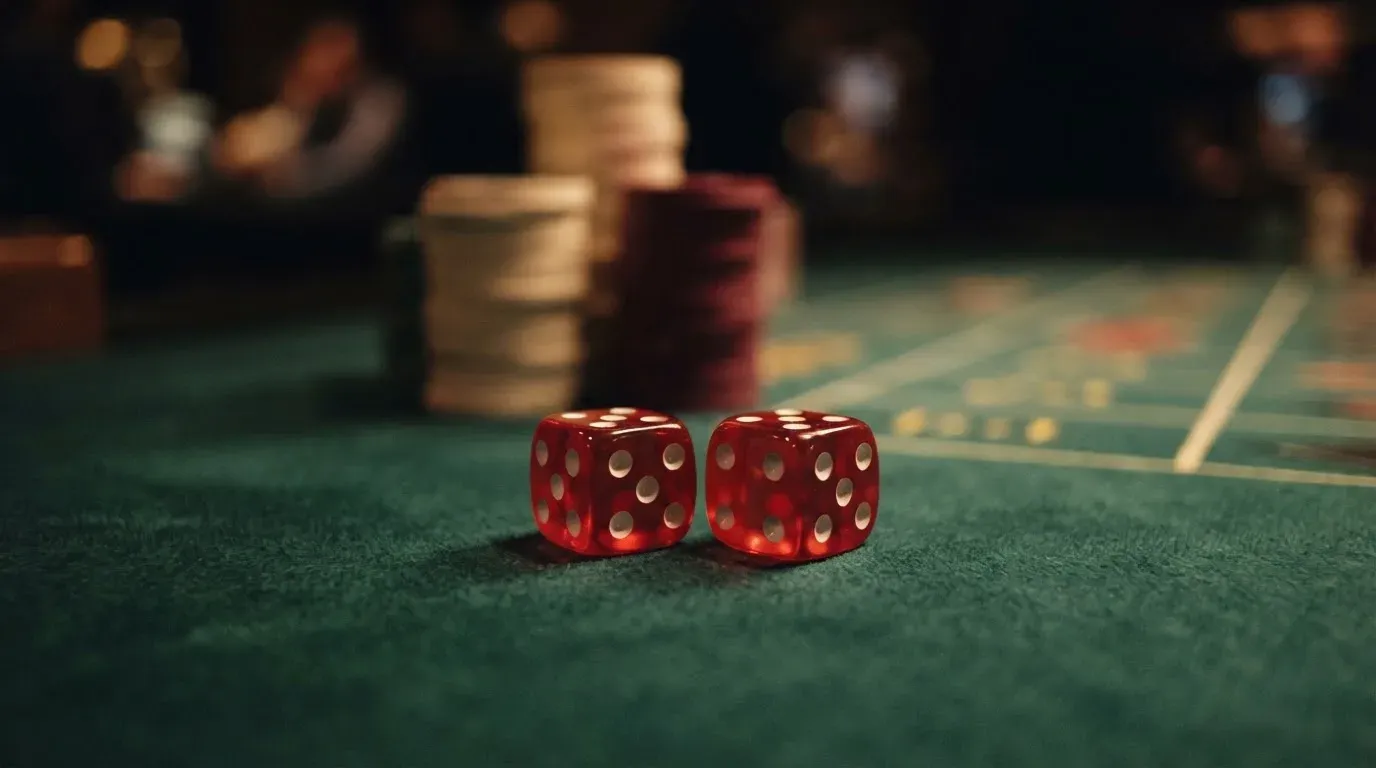 Röda tärningar vilar på grönt filt, bakom dem suddiga torn av spelmarker i kvällsdunklet — svenska casinon med google pay