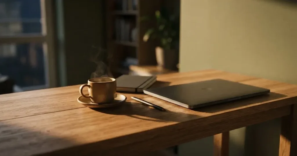 Kaffekopp och penna på ett smalt hallbord i skymning, en stängd bärbar dator vid sidan — svenska casinon med google pay