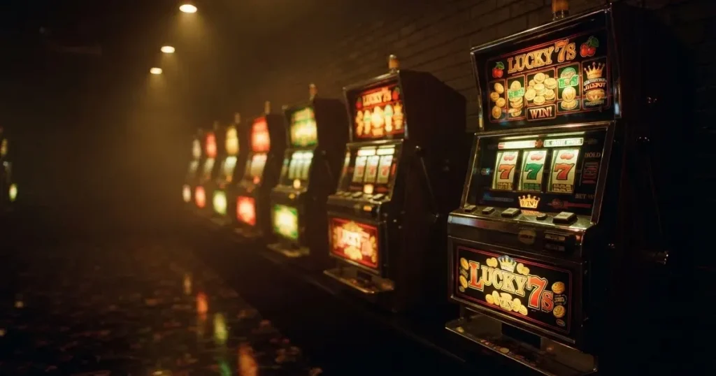 En rad spelskåp i en dunkel hall, rullarna lyser i olika färger och golvet speglar dem — svenska casinon med högst rtp