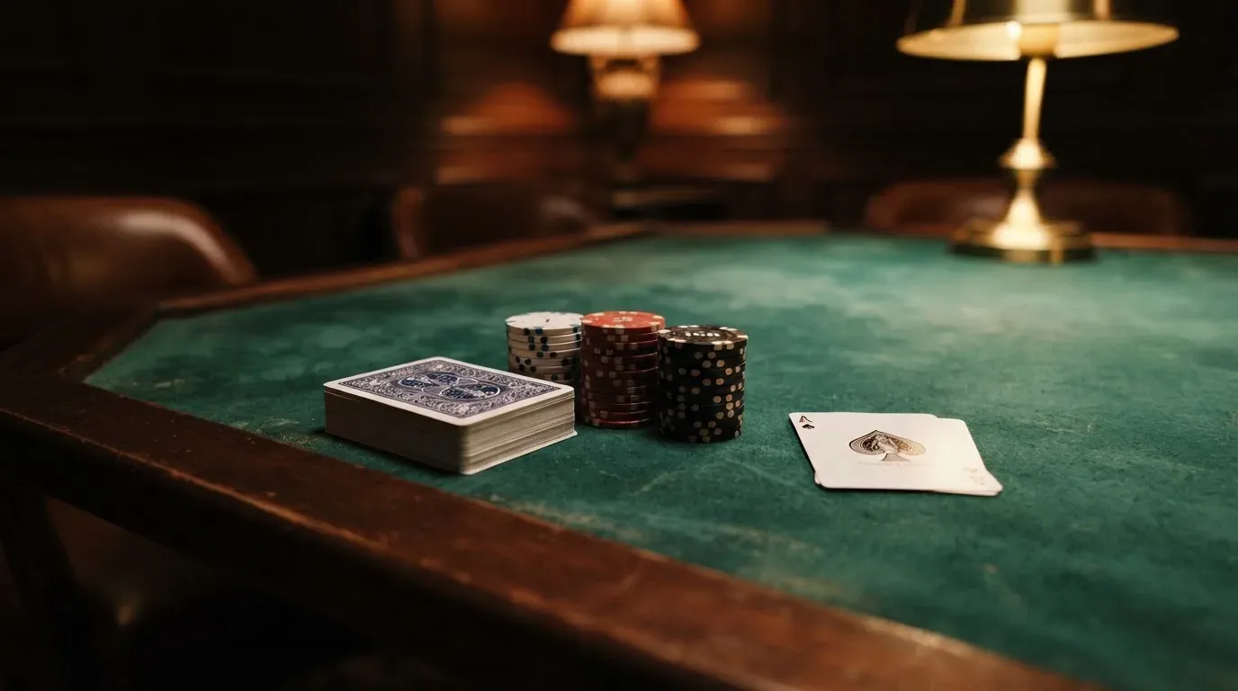 Kortlek och staplar av spelmarker på ett grönt filtbord i en dunkel salong, varmt lampsken — svenska casinon med jeton