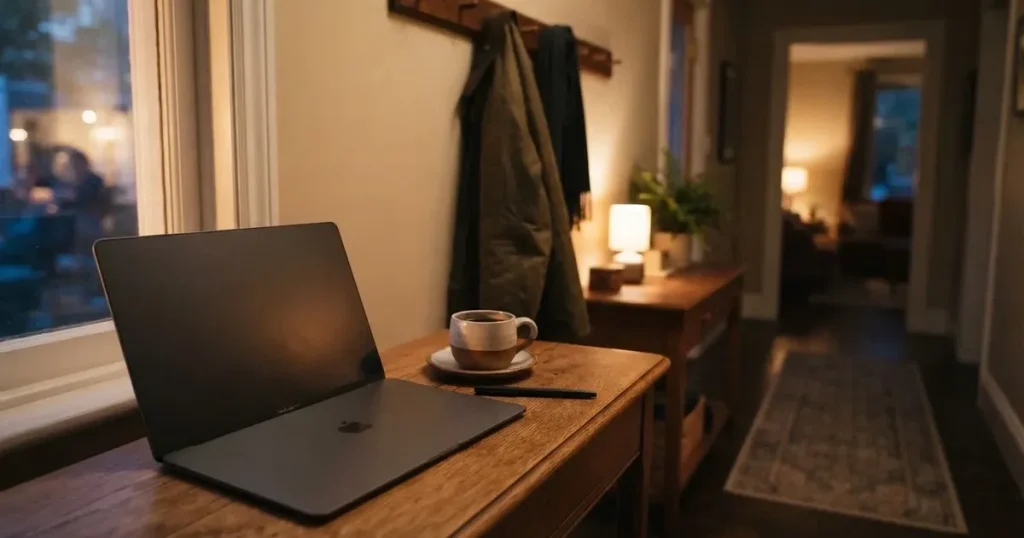 Kaffekopp och penna på ett smalt hallbord i skymning, en stängd bärbar dator vid sidan — svenska casinon med jeton