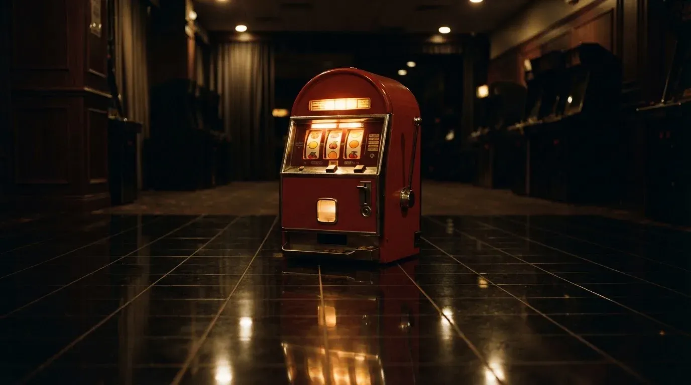 En gammal spelautomat lyser i den dunkla hallen och speglar sig i golvet — svenska casinon med keno