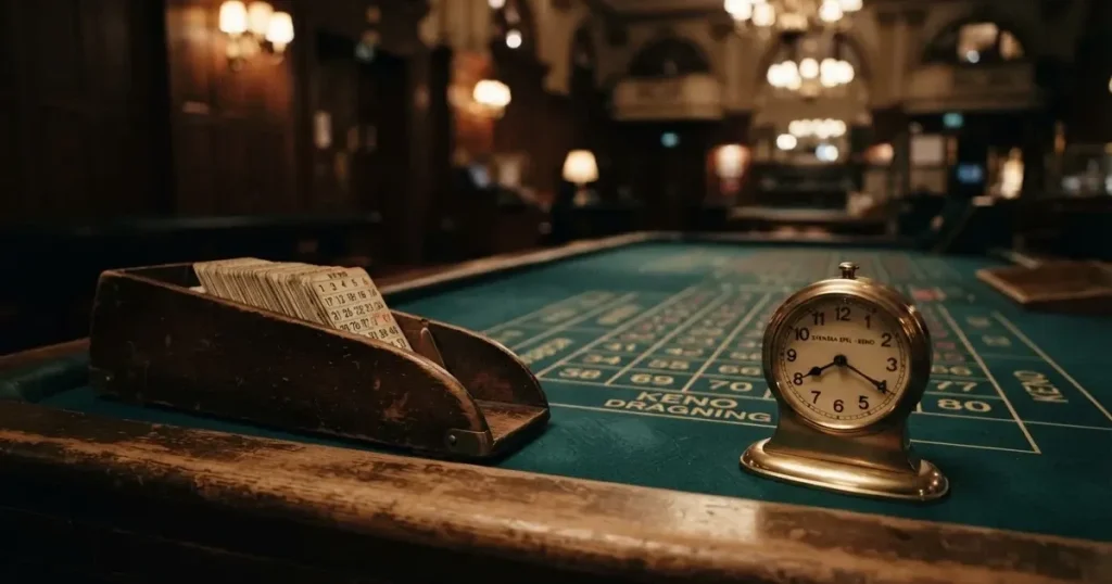 Grönt filt och en lång kortlåda av trä vid bordskanten, bredvid en blank mässingsklocka — svenska casinon med keno