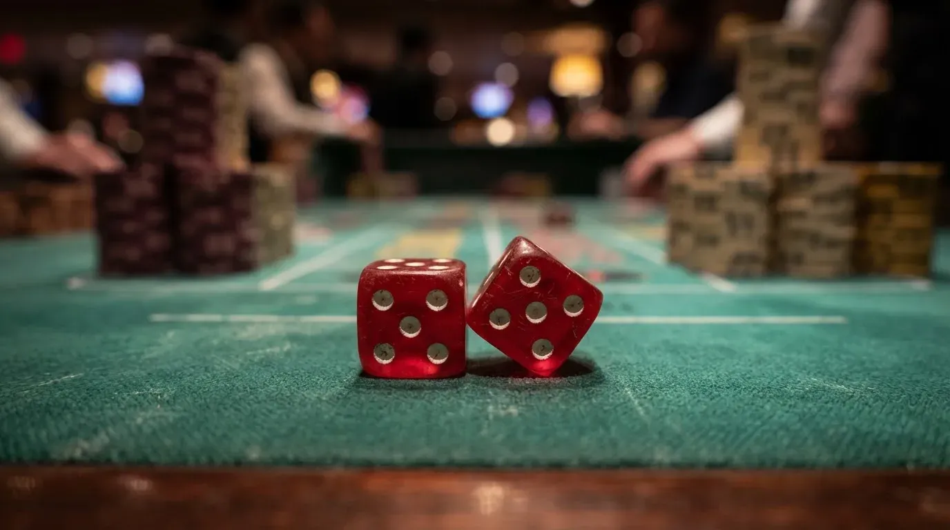 Röda tärningar vilar på grönt filt, bakom dem suddiga torn av spelmarker i kvällsdunklet — svenska casinon med klarna