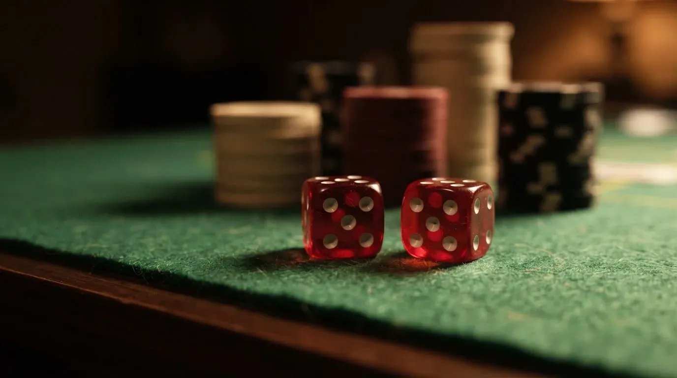 Röda tärningar vilar på grönt filt, bakom dem suddiga torn av spelmarker i kvällsdunklet — svenska casinon med litecoin