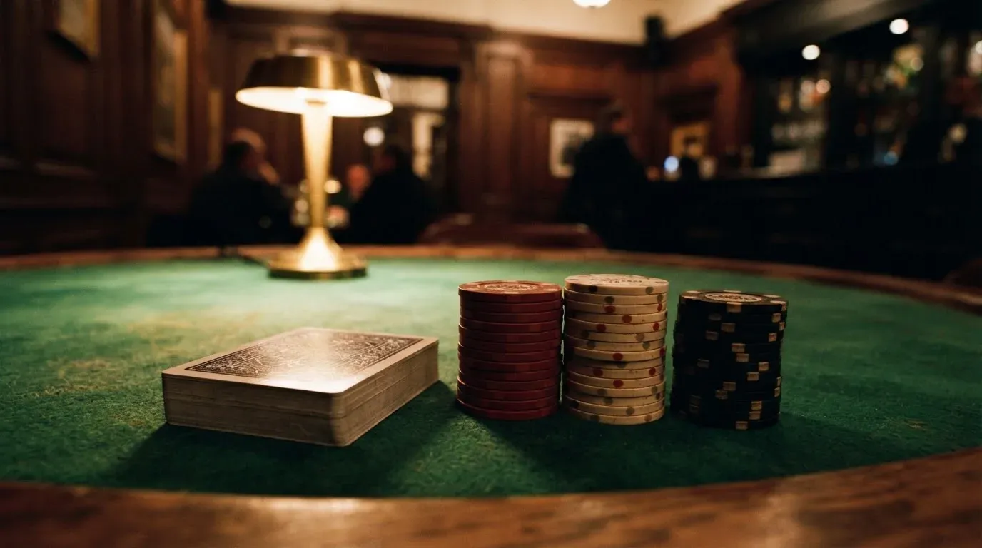 Kortlek och staplar av spelmarker på ett grönt filtbord i en dunkel salong, varmt lampsken — svenska casinon med mastercard