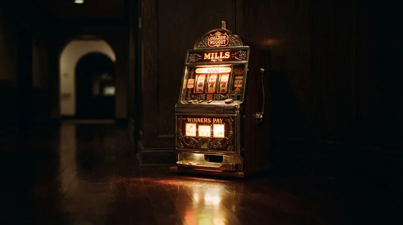 En gammal spelautomat lyser i den dunkla hallen och speglar sig i golvet — svenska casinon med mga licens