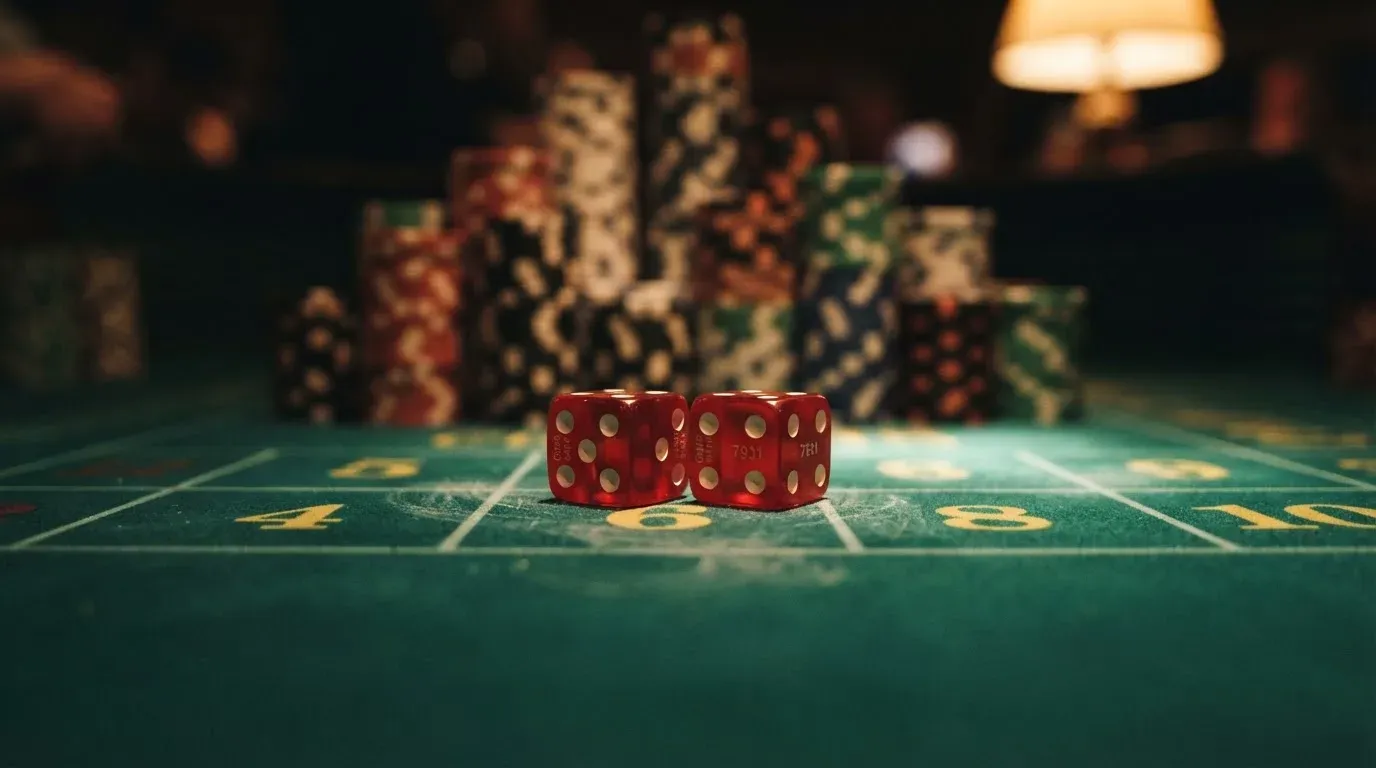 Röda tärningar vilar på grönt filt, bakom dem suddiga torn av spelmarker i kvällsdunklet — svenska casinon med neosurf