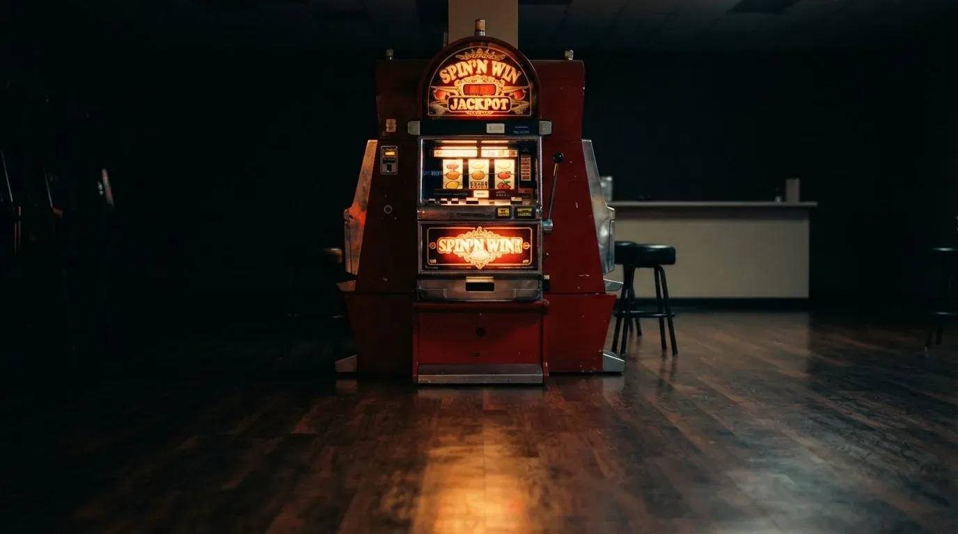 En gammal spelautomat lyser i den dunkla hallen och speglar sig i golvet — svenska casinon med neteller