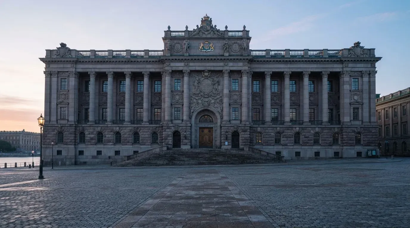 Stenfasad på en statlig byggnad i Stockholm vid gryning, höga pelare och ett tomt torg framför — svenska casinon med neteller