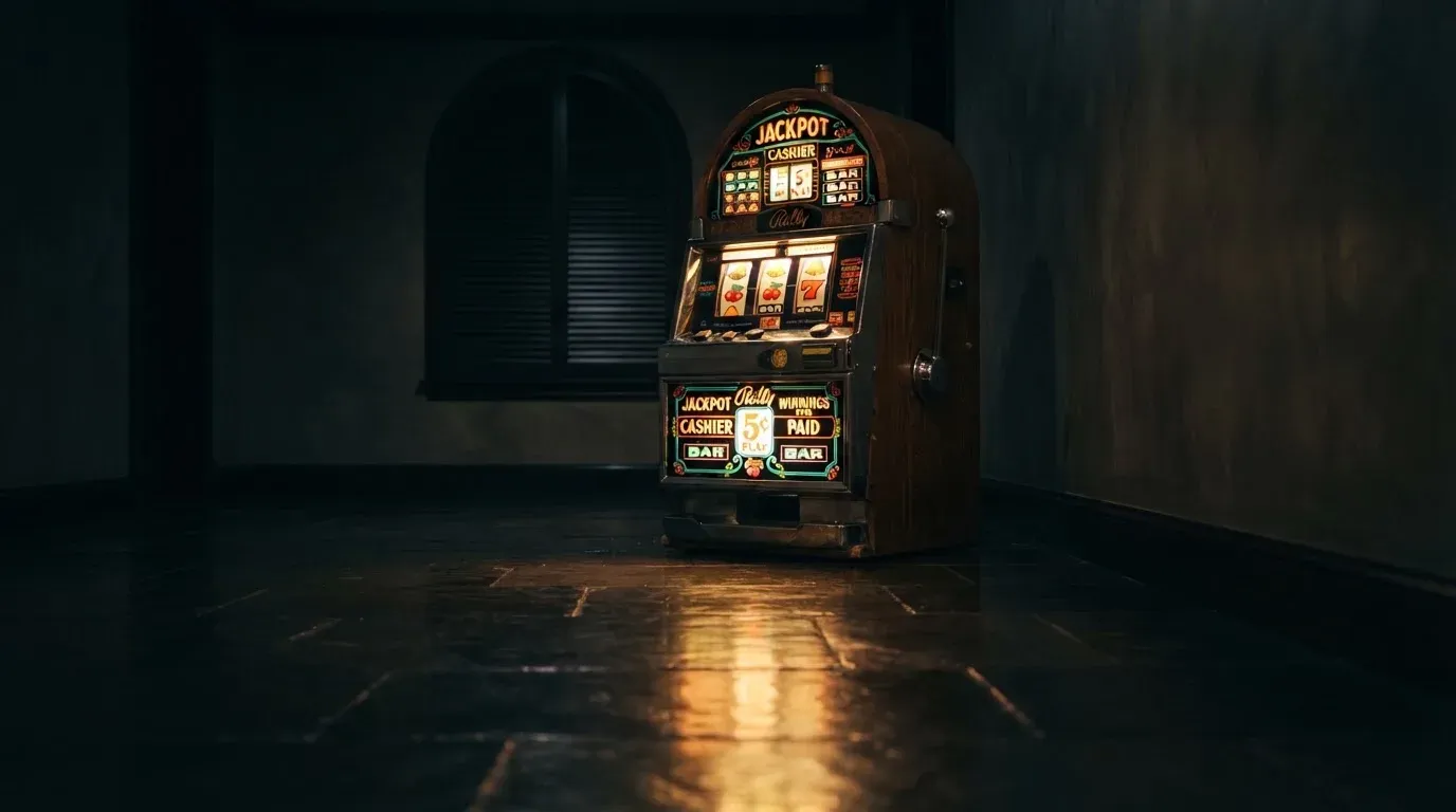 En gammal spelautomat lyser i den dunkla hallen och speglar sig i golvet — svenska casinon med paypal