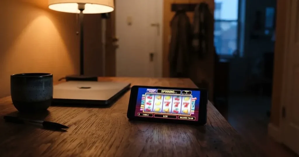 Kaffekopp och penna på ett smalt hallbord i skymning, en stängd bärbar dator vid sidan — svenska casinon med paypal