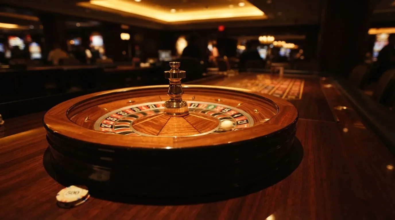 Ett roulettehjul snurrar på ett blankt träbord, den vita kulan glimmar i takljusets guld — svenska casinon med paysafecard