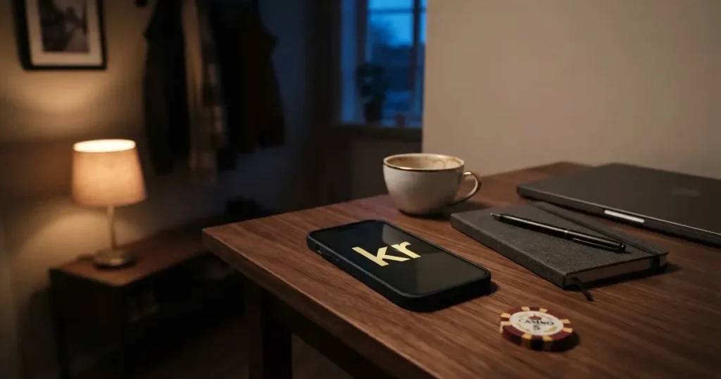 Kaffekopp och penna på ett smalt hallbord i skymning, en stängd bärbar dator vid sidan — svenska casinon med revolut