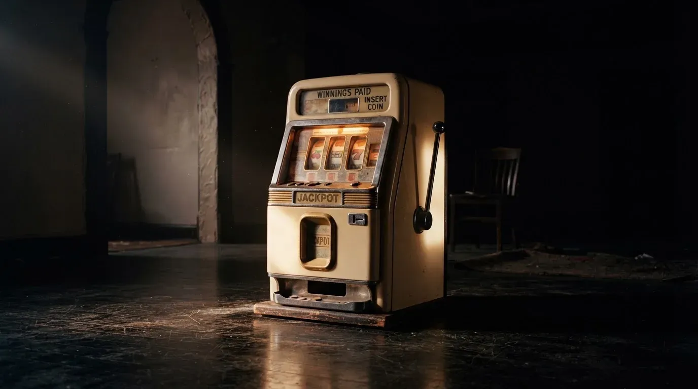 En gammal spelautomat lyser i den dunkla hallen och speglar sig i golvet — svenska casinon med siru