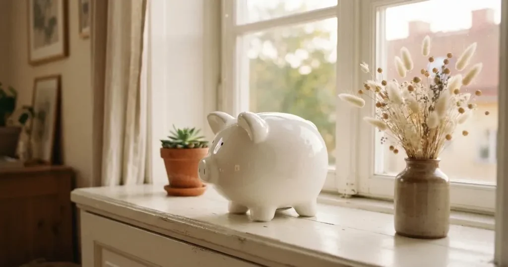 En porslinsgris på fönsterbrädan i morgonljus, bredvid en torkad blombukett och en grön växt — svenska casinon med siru