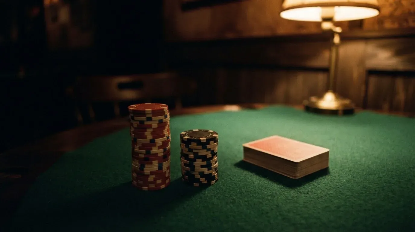 Kortlek och staplar av spelmarker på ett grönt filtbord i en dunkel salong, varmt lampsken — svenska casinon med skrill