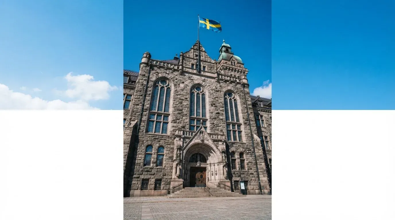 Ett gammalt stadshus i sten fotograferat underifrån mot en klarblå himmel, med den svenska flaggan som fladdrar ovanför entrén.