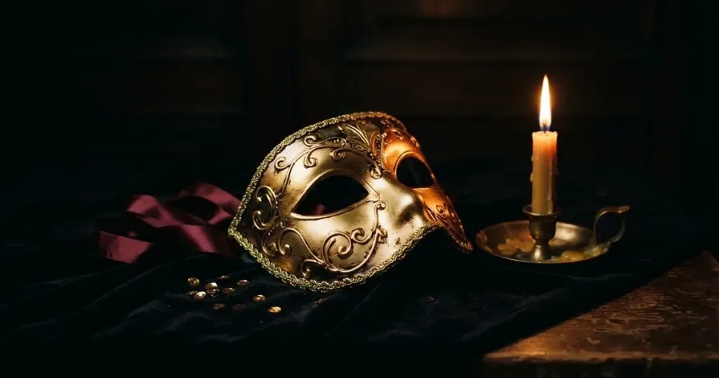 En venetiansk mask på svart sammet, ljuslågan speglas i dess blanka yta — svenska casinon med tether