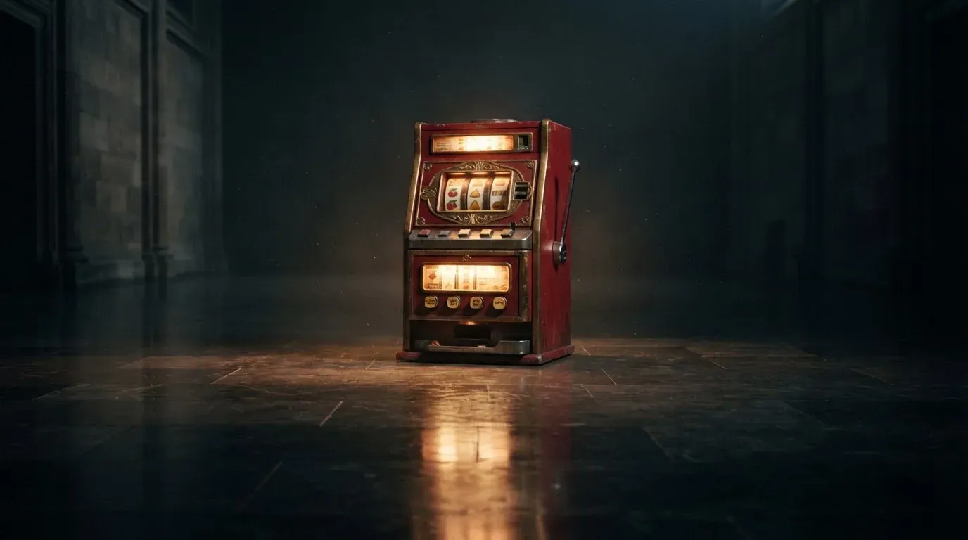 En gammal spelautomat lyser i den dunkla hallen och speglar sig i golvet — svenska casinon med tron