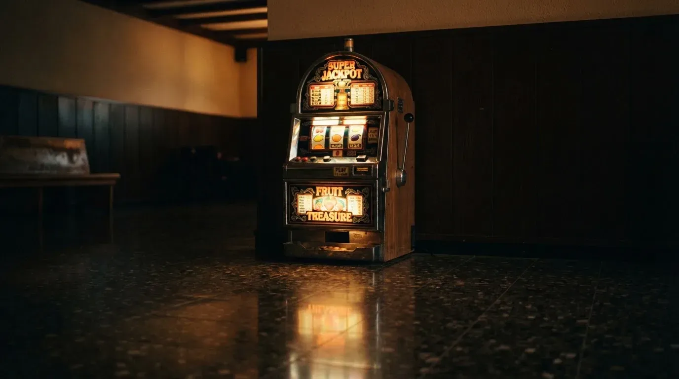 En gammal spelautomat lyser i den dunkla hallen och speglar sig i golvet — svenska casinon med visa