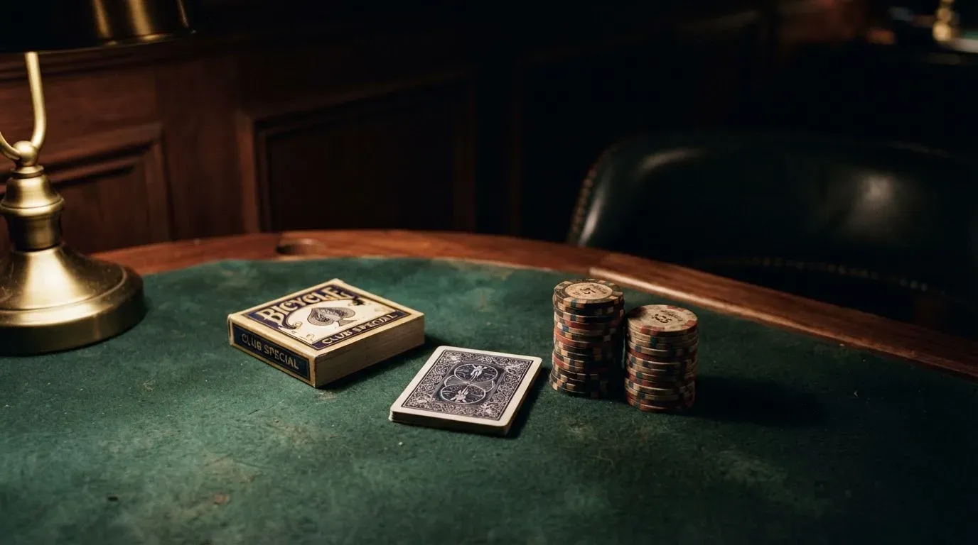 Kortlek och staplar av spelmarker på ett grönt filtbord i en dunkel salong, varmt lampsken — svenska casinon med zimpler