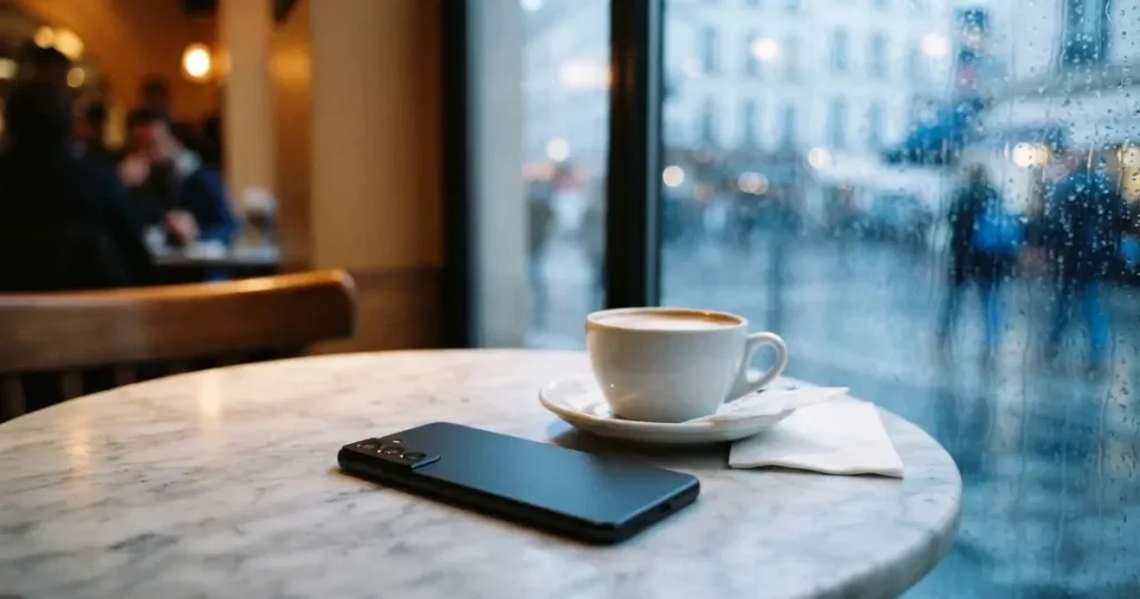 En mobil med framsidan nedåt på ett kafébord, bredvid en latte och regn mot rutan — svenska casinon på android