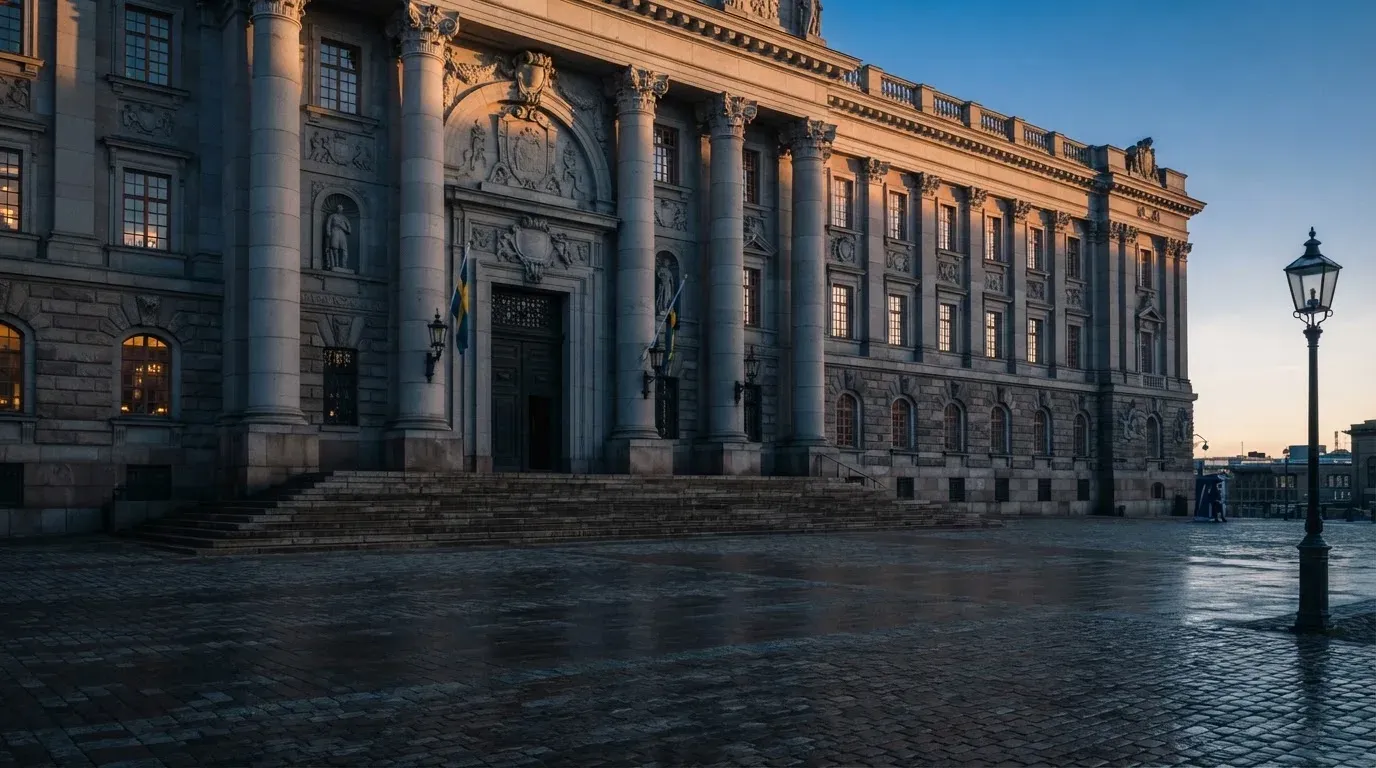 Stenfasad på en statlig byggnad i Stockholm vid gryning, höga pelare och ett tomt torg framför — svenska casinon på nätet