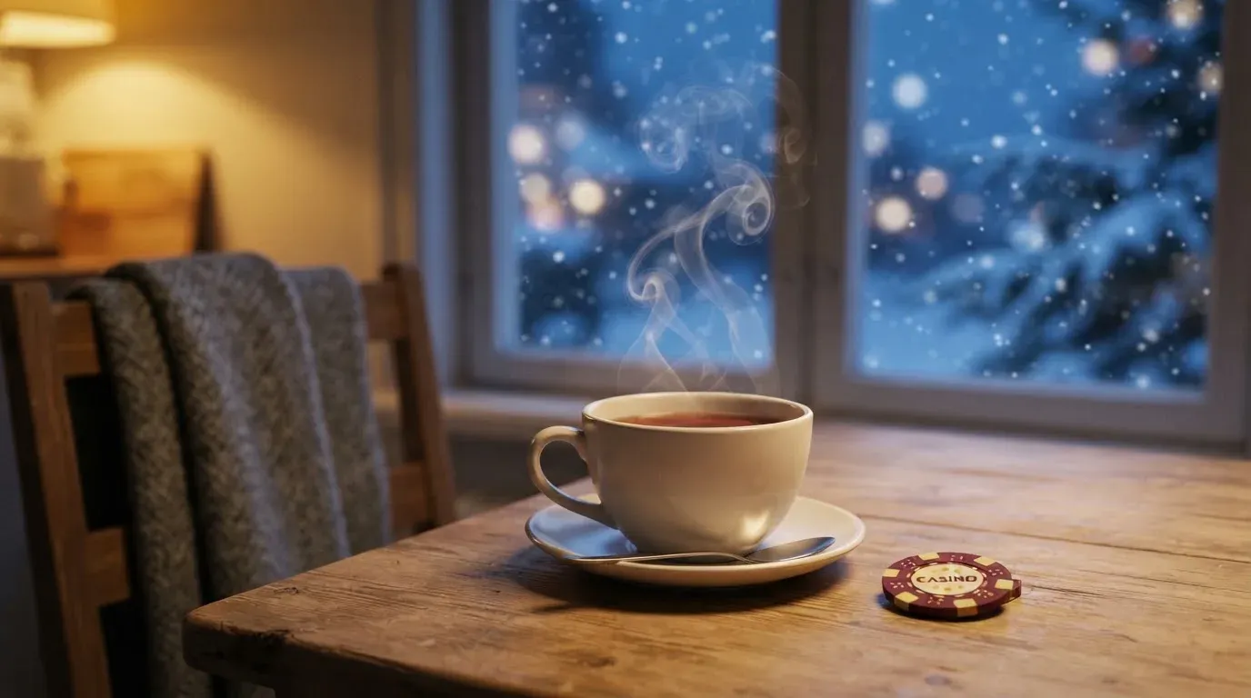 En rykande tekopp på köksbordet en vinterkväll, bakom fönstret faller snön stilla — svenska casinon på nätet