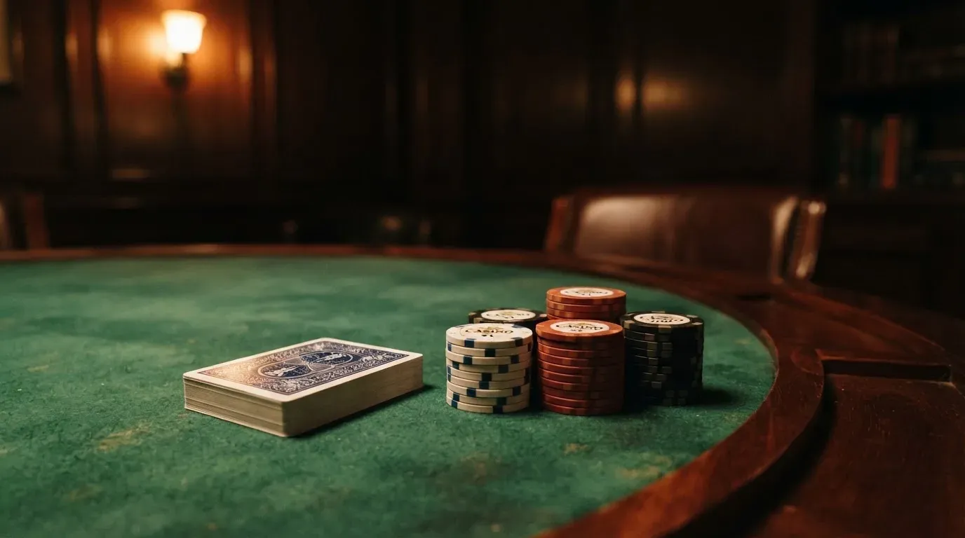 Kortlek och staplar av spelmarker på ett grönt filtbord i en dunkel salong, varmt lampsken — svenska casinon utan konto