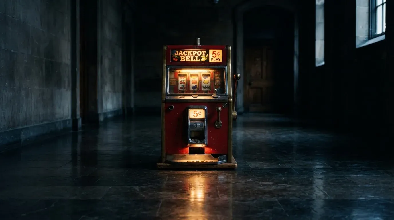 En gammal spelautomat lyser i den dunkla hallen och speglar sig i golvet — svenska casinon utan registrering