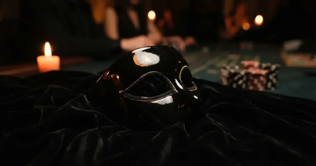 En venetiansk mask på svart sammet, ljuslågan speglas i dess blanka yta — svenska casinon utan registrering