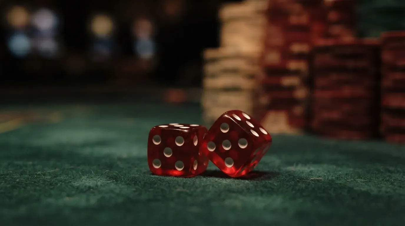 Röda tärningar vilar på grönt filt, bakom dem suddiga torn av spelmarker i kvällsdunklet — svenska casinon utan spelpaus